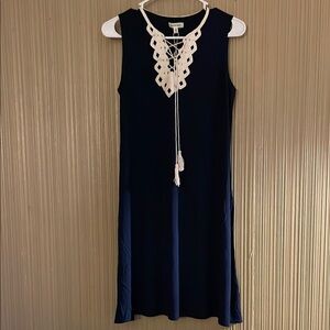 Navy Sleeveless Dress with Lace-Up Neckline